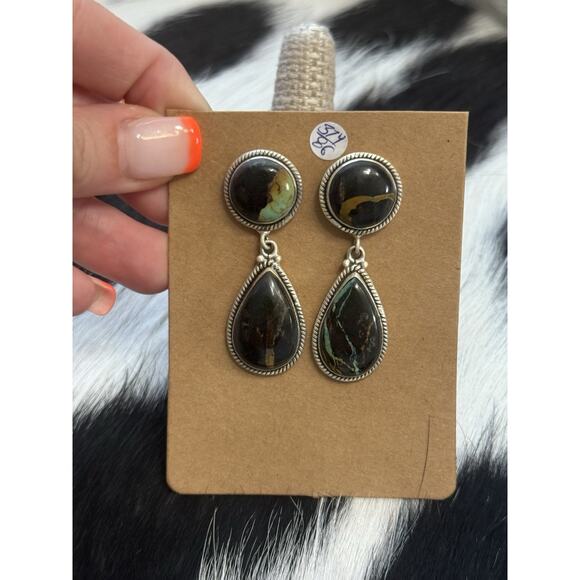 Native American Sterling Silver Large Double Stone Blackjack Turquoise Earrings - Picture 1 of 11